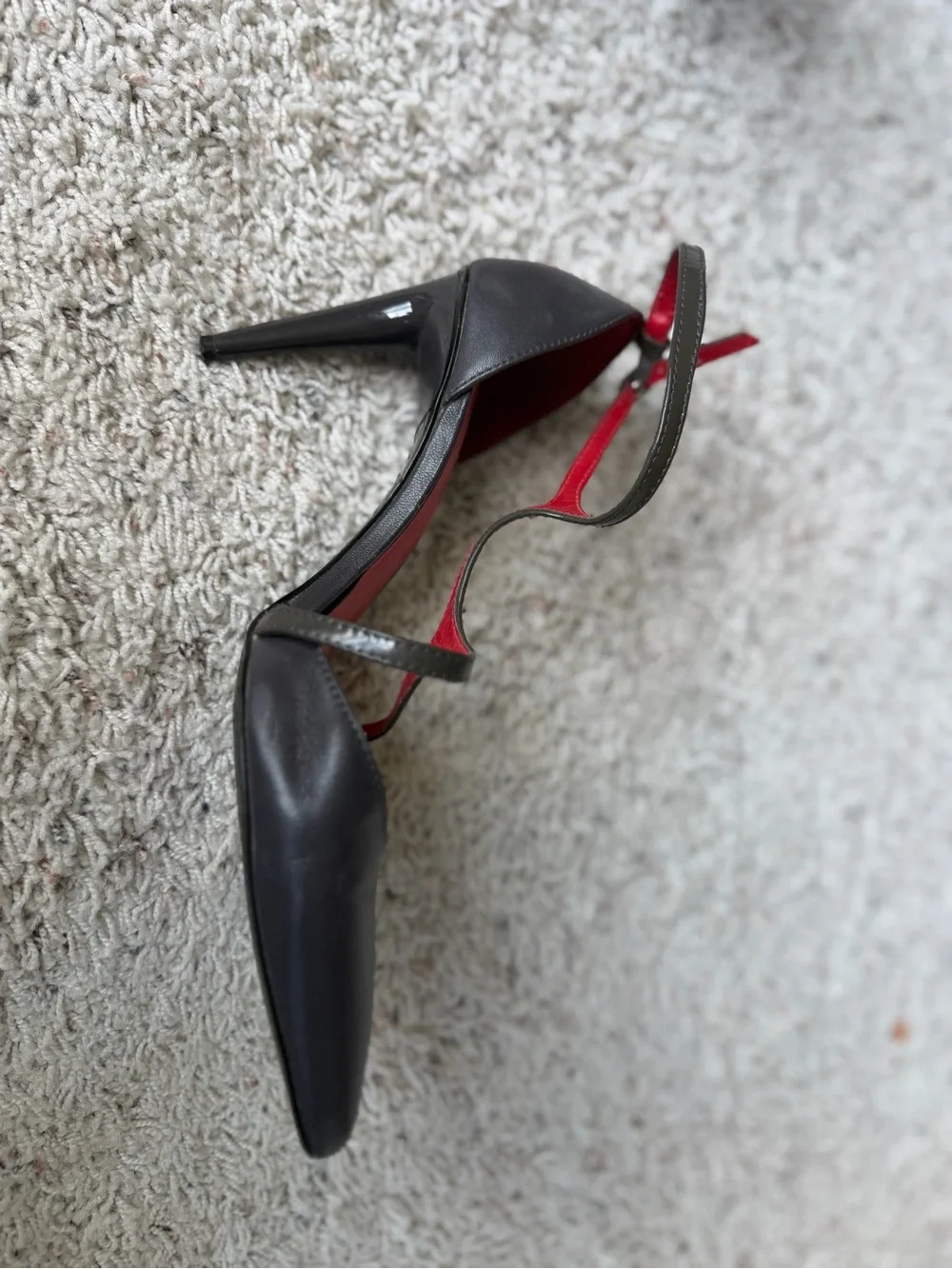 Charles Jourdan Black Pointed-Toe T-Strap Heels with Red Lining